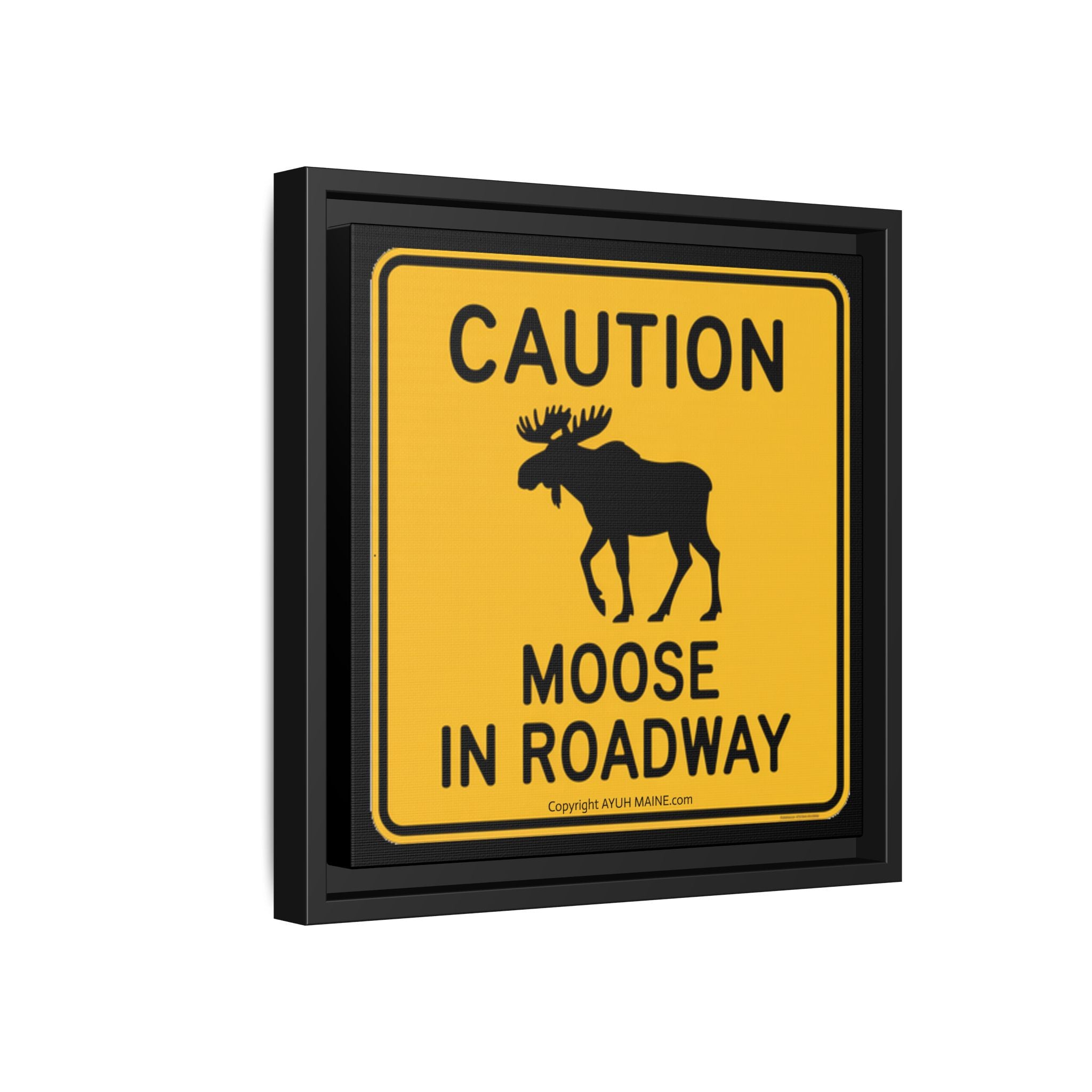 Maine MOOSE CAUTION Road Sign Aht - Framed Canvas Art
