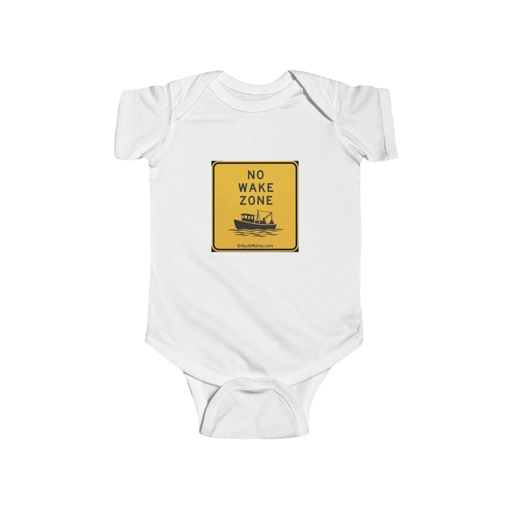 Maine NO WAKE ZONE Baby Onesie in White, Black, and Yellow