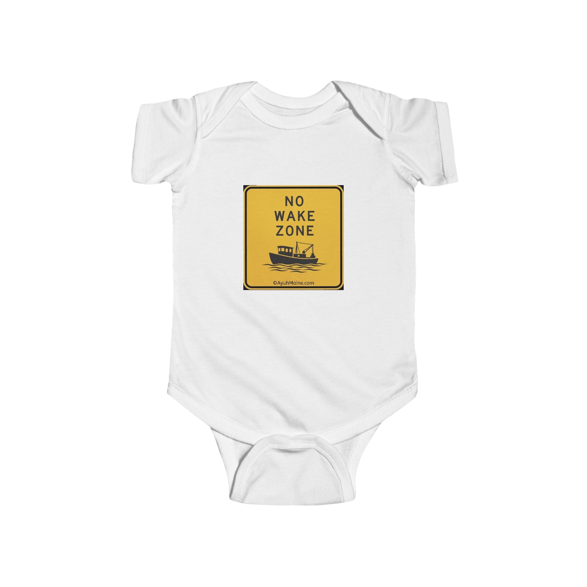 Maine NO WAKE ZONE Baby Onesie in White, Black, and Yellow
