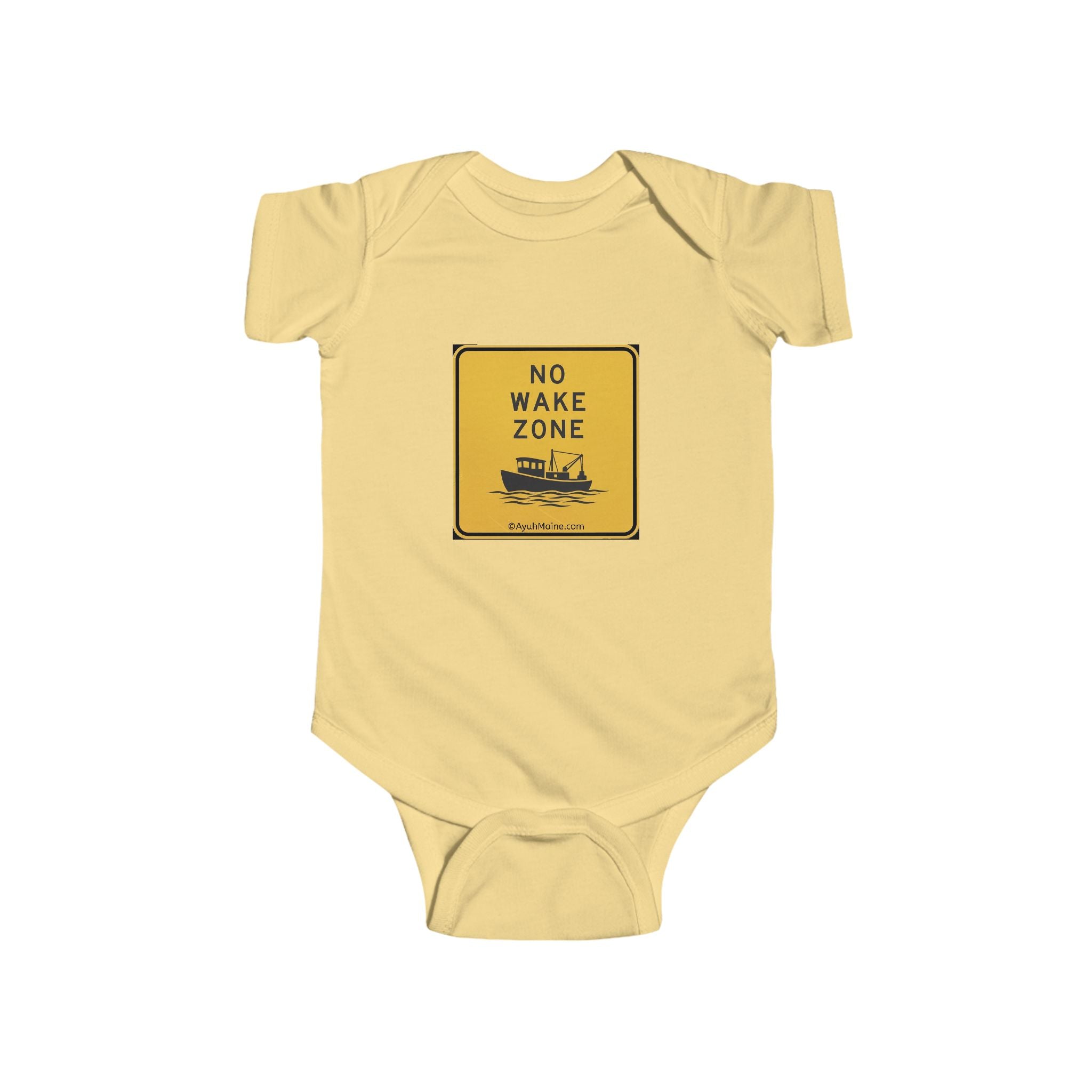 Maine NO WAKE ZONE Baby Onesie in White, Black, and Yellow