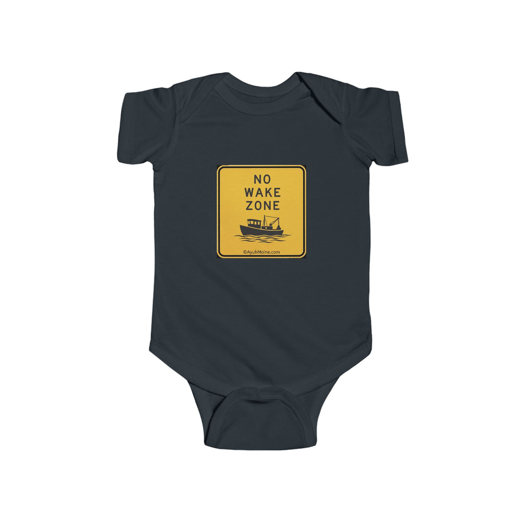 Maine NO WAKE ZONE Baby Onesie in White, Black, and Yellow