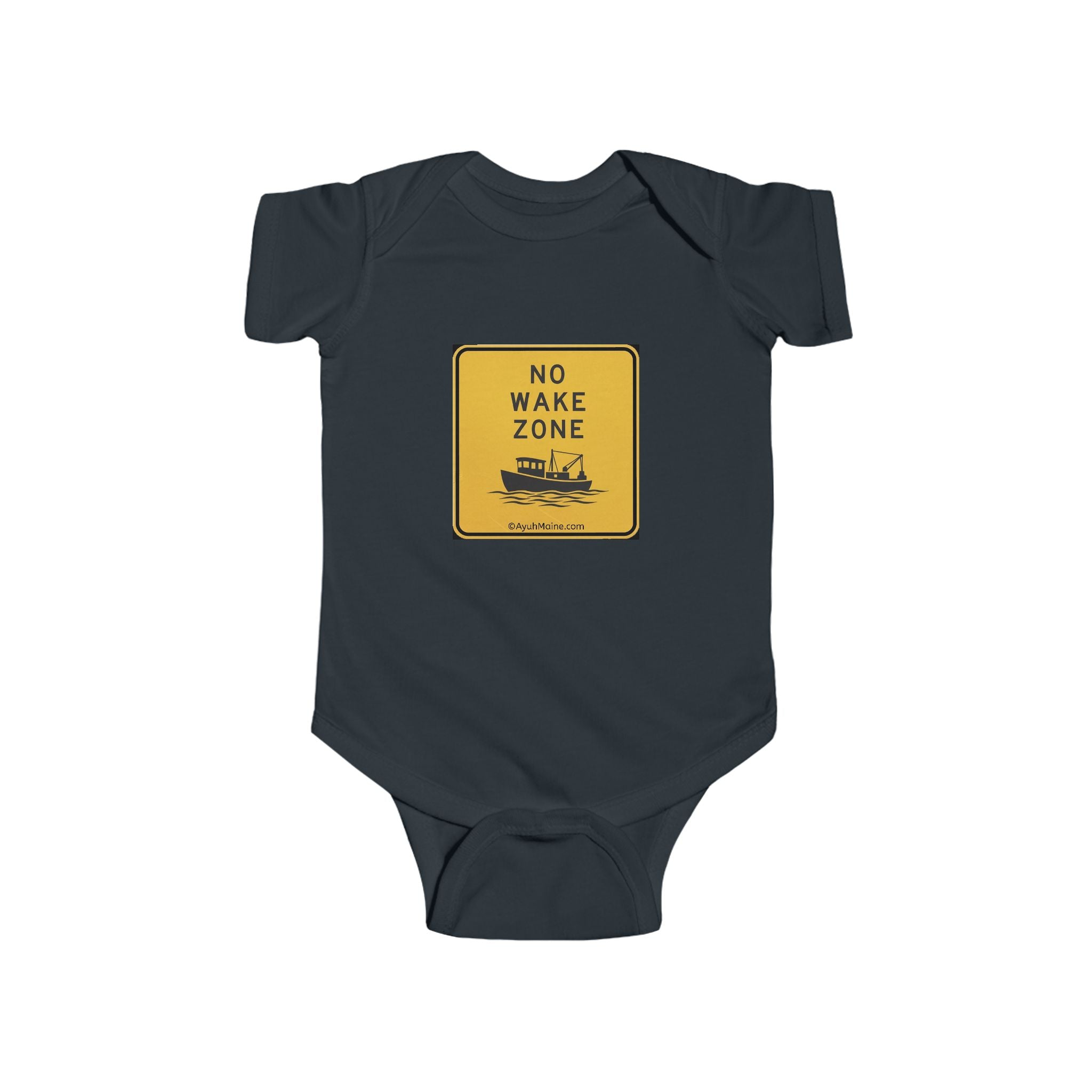Maine NO WAKE ZONE Baby Onesie in White, Black, and Yellow